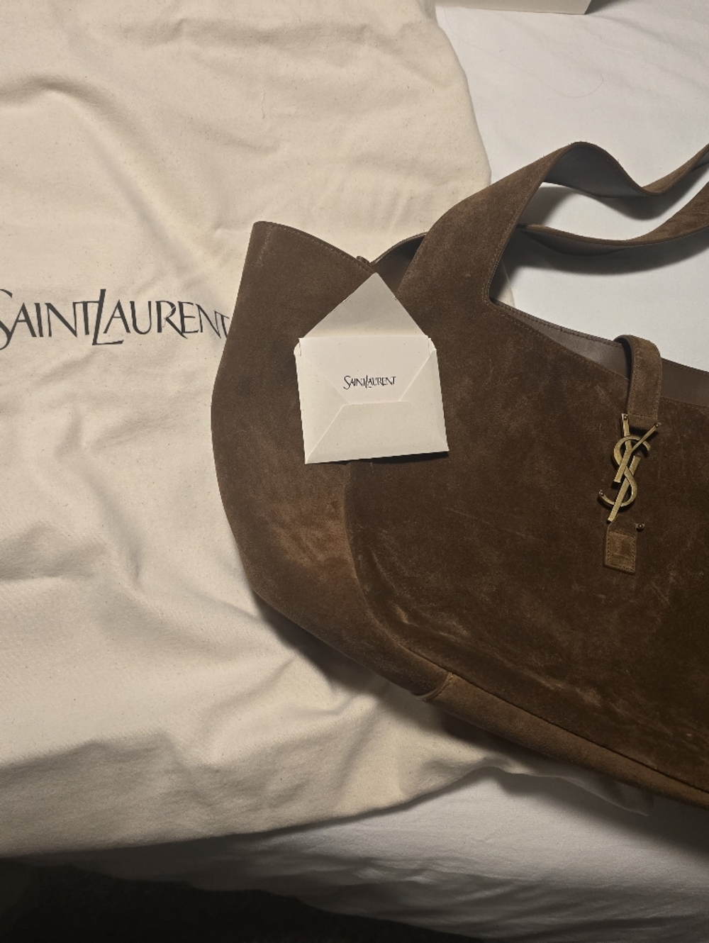 Saint Laurent Brown Suede Tote with Gold YSL Logo - Picture 3 of 9